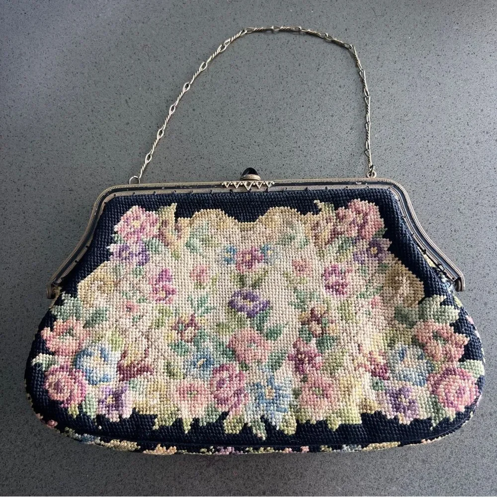 Vintage Petit Point Floral Tapestry Handbag with Chain Strap